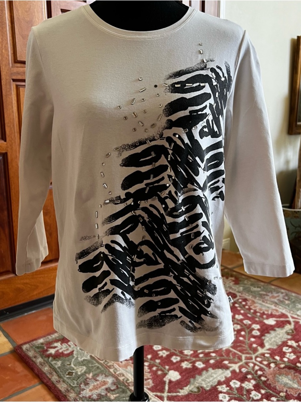 Chico's White Long Sleeve Crewneck Top with Black Graphic and Stud Accents